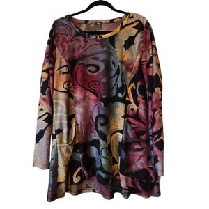 Shana Burnout Chenille Tunic Top Women's XXL Abstract Lagenlook Pockets Artsy